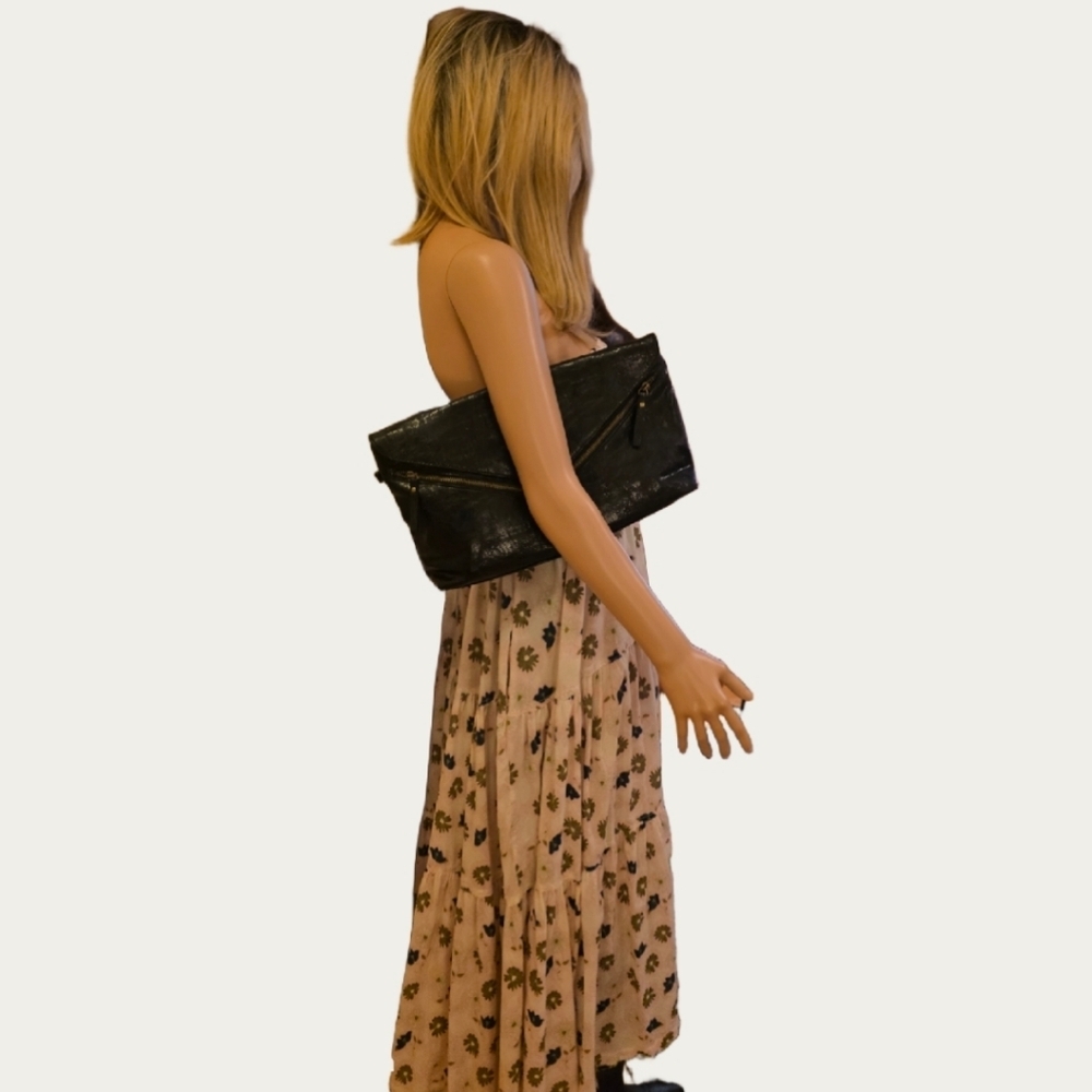 Lulu Townsend Textured Black Vegan Leather Clutch with Zipper Accents, EUC